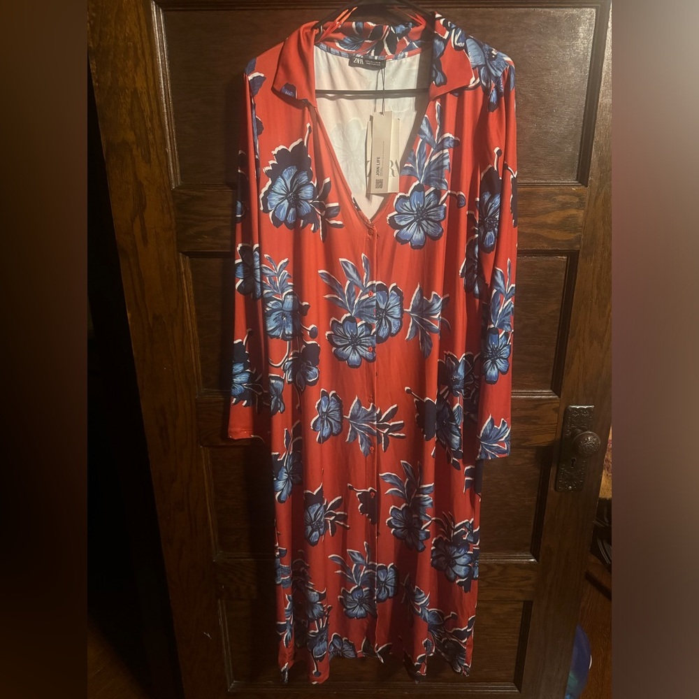 Zara, Red and Blue Floral Long Sleeve Button Down Dress, Size L, NWT
